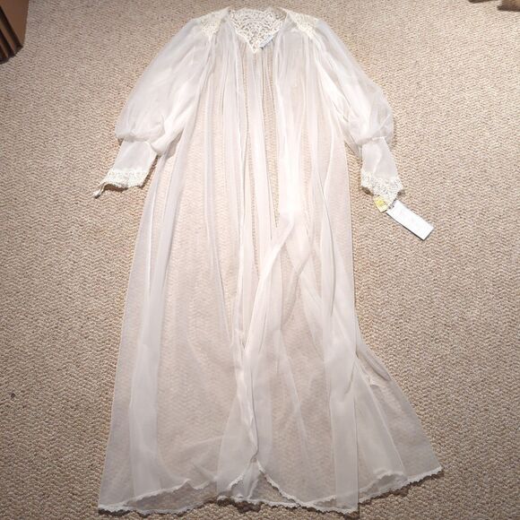Vintage VAL MODE LINGERIE Nightgown Open Robe Small White Sheer Lace Wedding - Picture 1 of 8